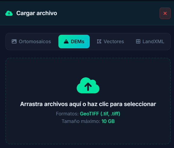 Pantalla de carga de DEM en VisorGEO