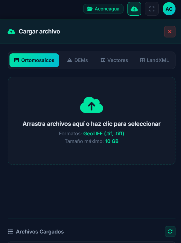 Pantalla de carga de ortomosaico en VisorGEO