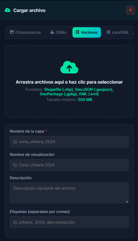 Pantalla de carga de vectores en VisorGEO