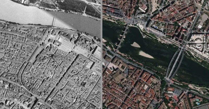 Comparación de ortofotos históricas sobre una zona urbana